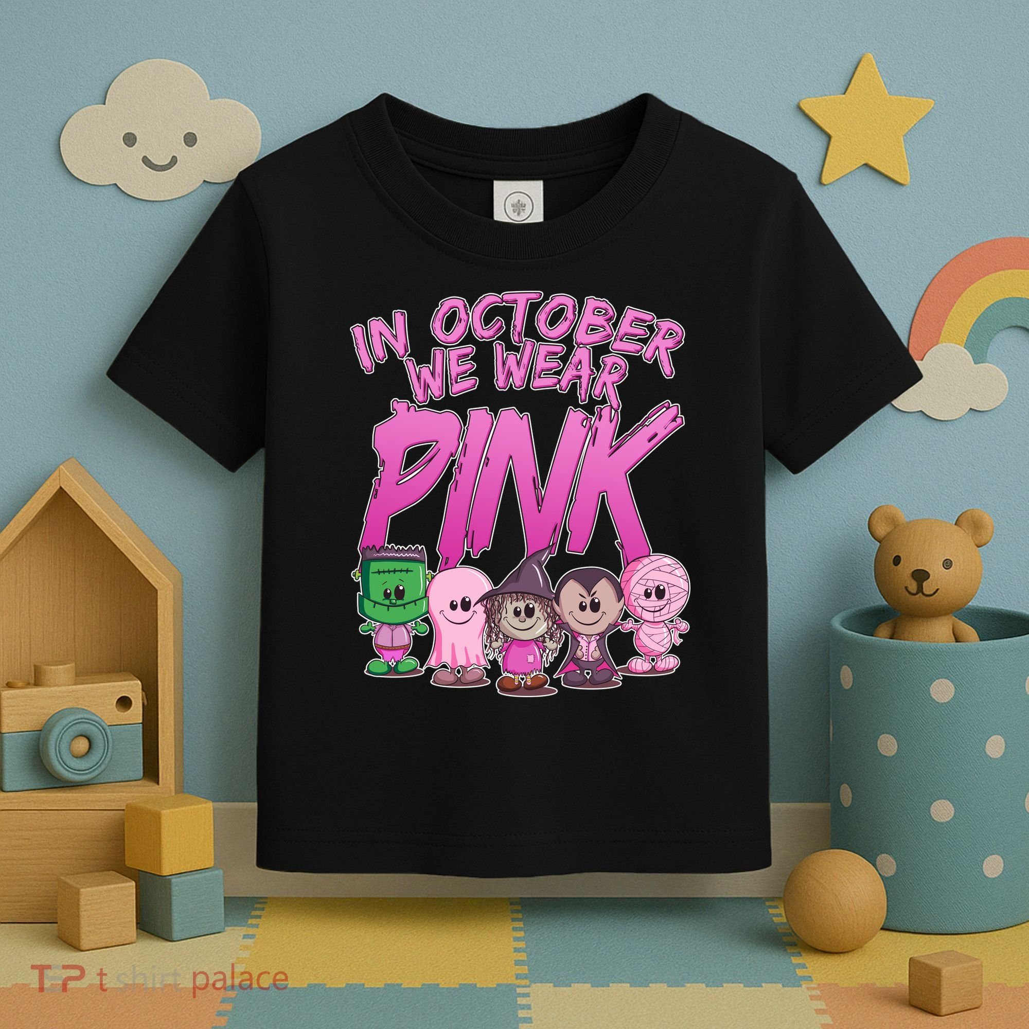 In October We Wear Pink Breast Cancer Halloween Monsters Toddler T-Shirt