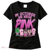 In October We Wear Pink Breast Cancer Halloween Monsters Women's T-Shirt thumb 0