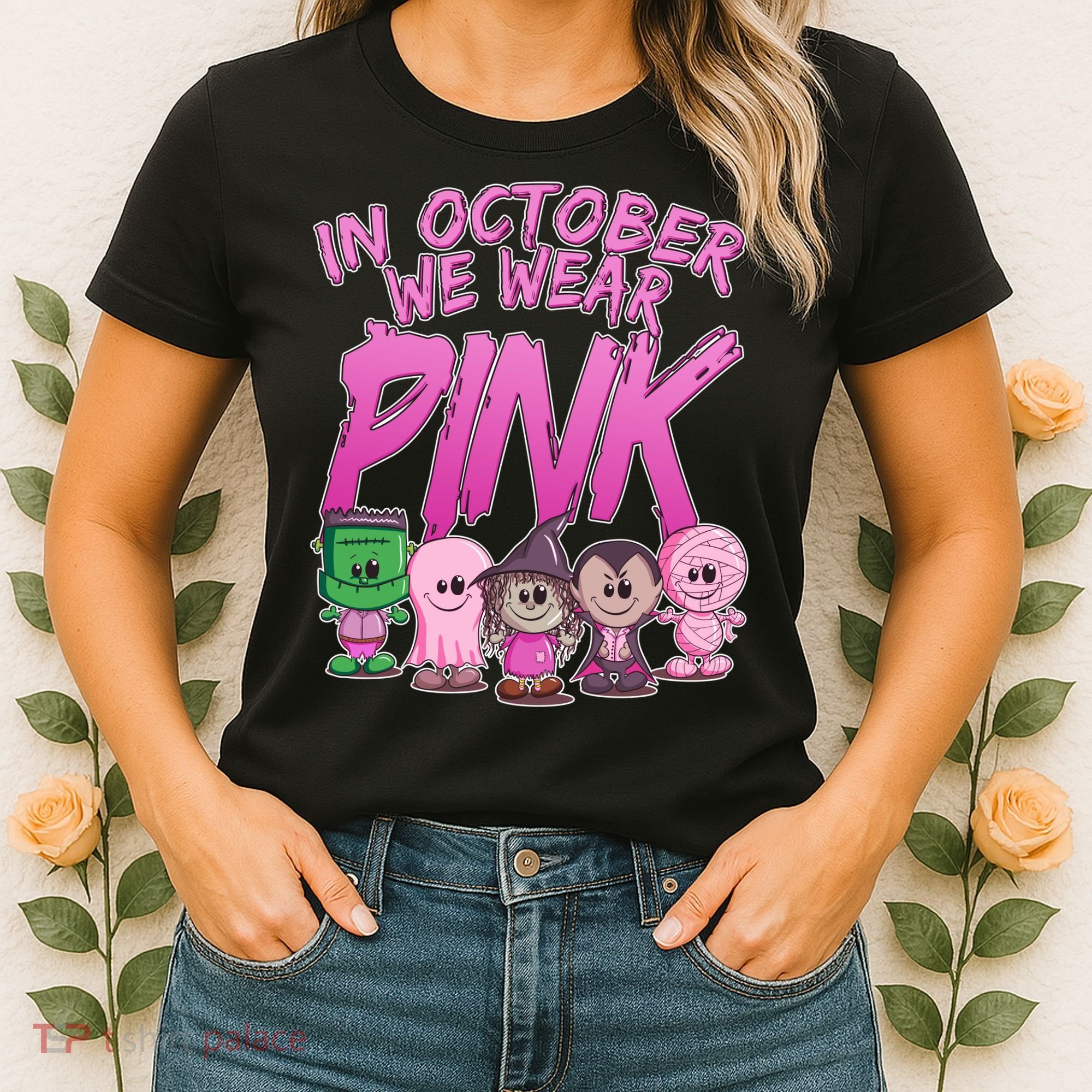 In October We Wear Pink Breast Cancer Halloween Monsters Women's T-Shirt
