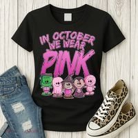 In October We Wear Pink Breast Cancer Halloween Monsters Women's T-Shirt thumb 3