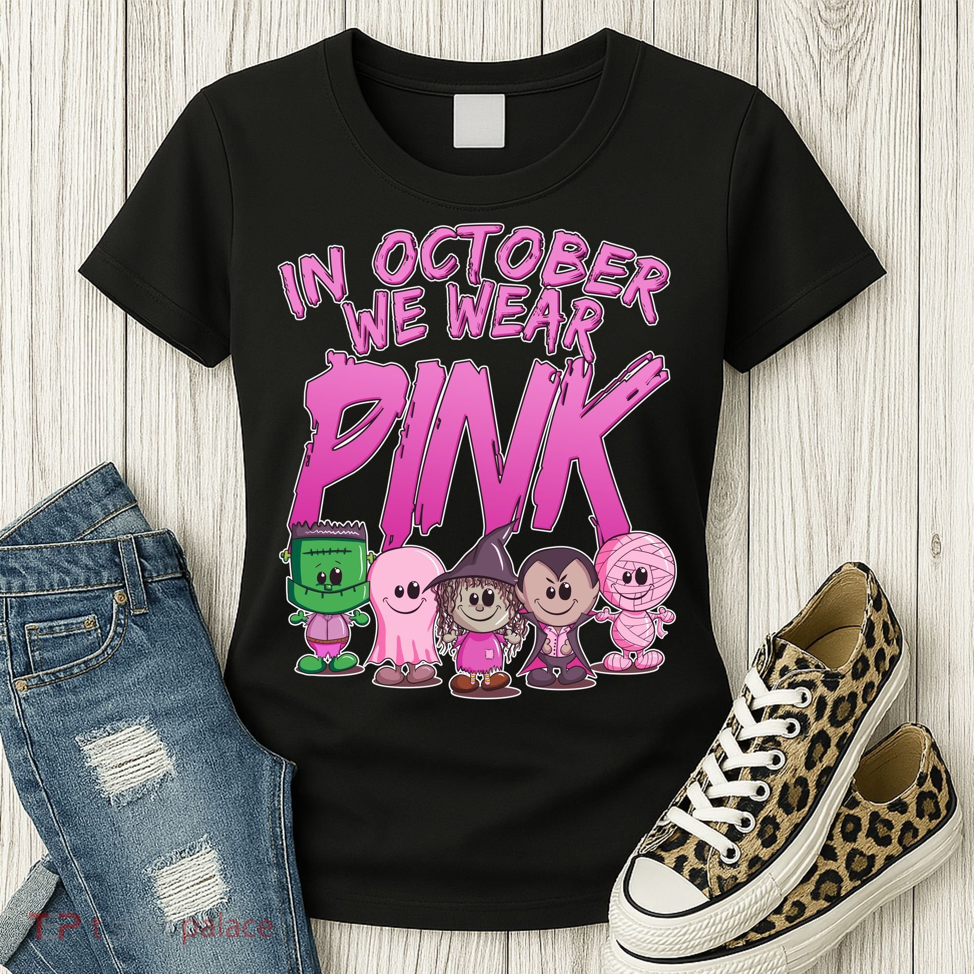In October We Wear Pink Breast Cancer Halloween Monsters Women's T-Shirt