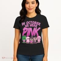 In October We Wear Pink Breast Cancer Halloween Monsters Women's T-Shirt thumb 4