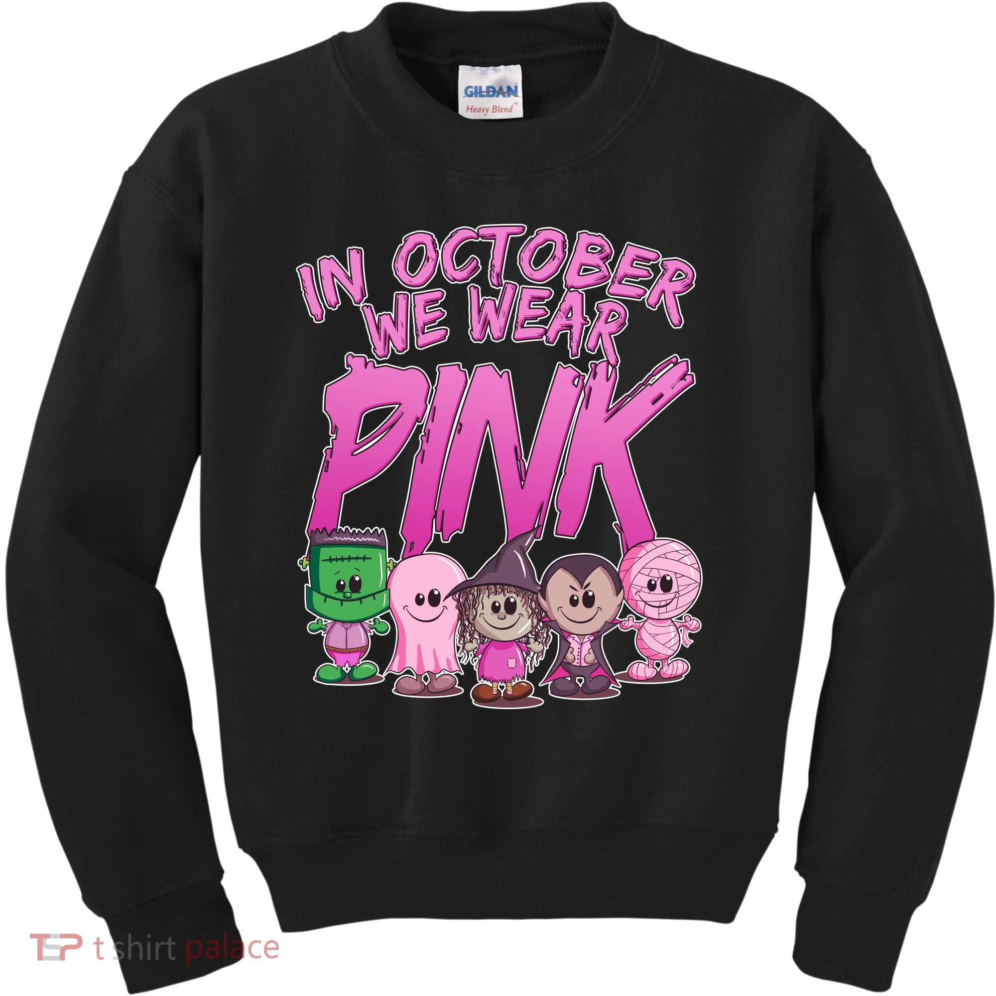 In October We Wear Pink Breast Cancer Halloween Monsters Kids Sweatshirt
