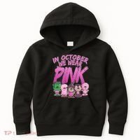 In October We Wear Pink Breast Cancer Halloween Monsters Kids Hoodie thumb 0