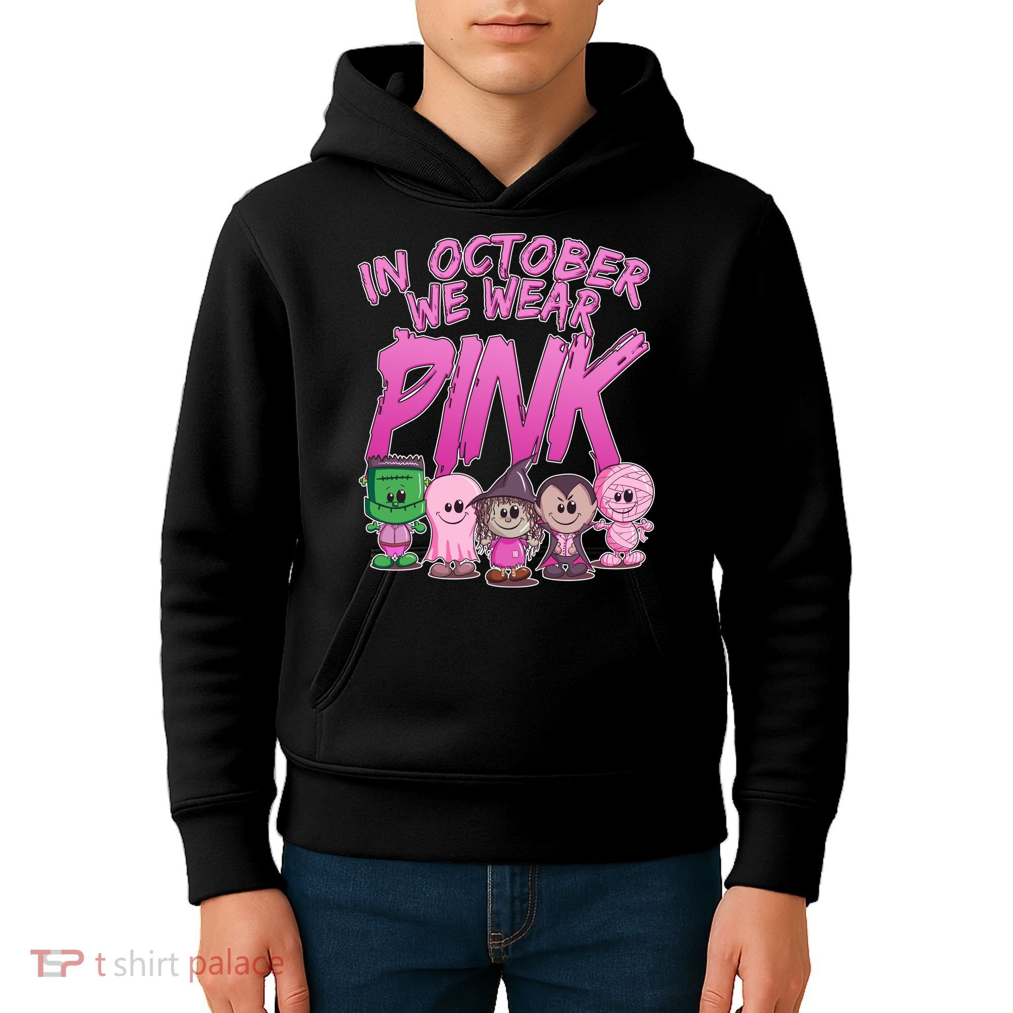 In October We Wear Pink Breast Cancer Halloween Monsters Kids Hoodie