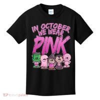 In October We Wear Pink Breast Cancer Halloween Monsters Kids T-Shirt thumb 0