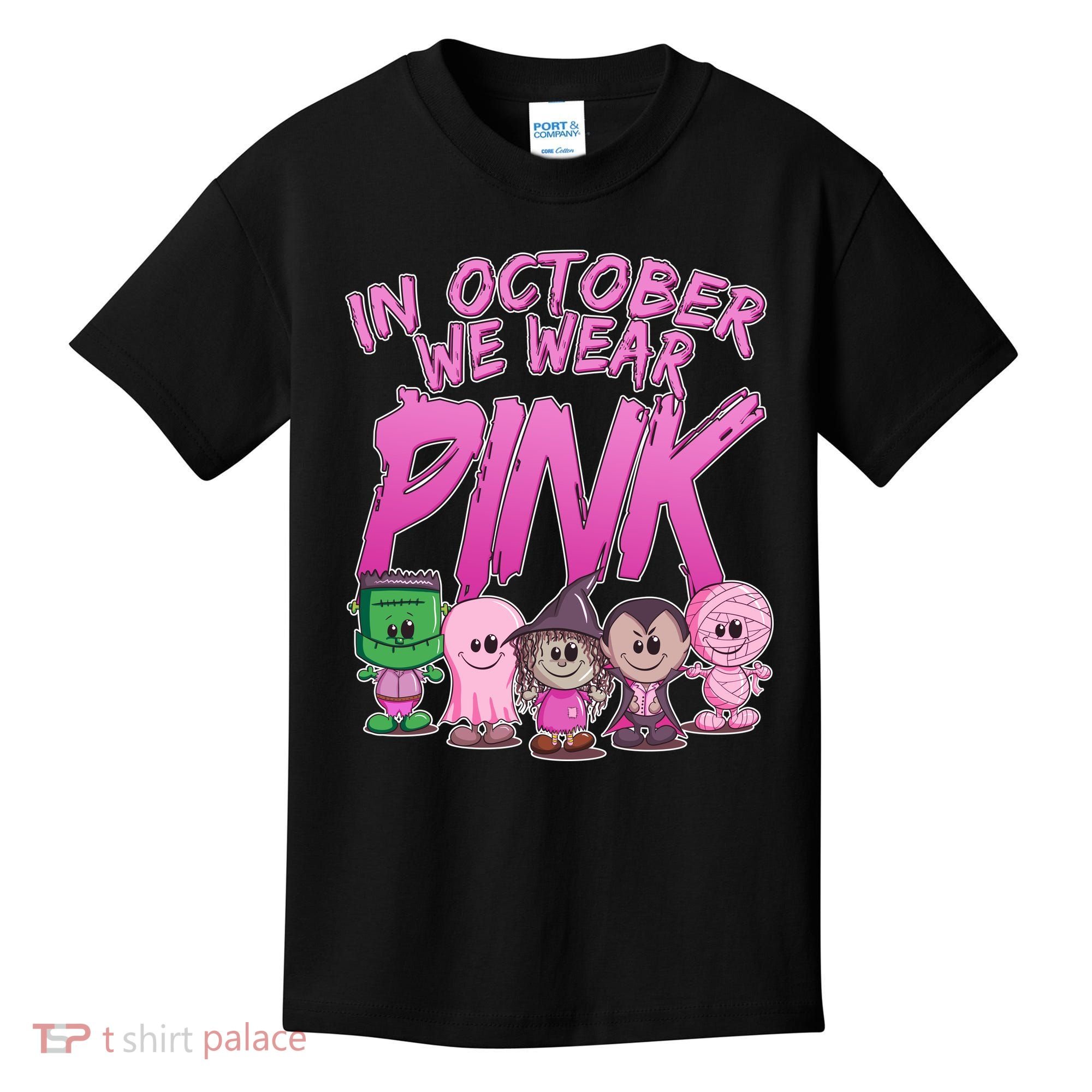 In October We Wear Pink Breast Cancer Halloween Monsters Kids T-Shirt
