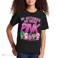 In October We Wear Pink Breast Cancer Halloween Monsters Kids T-Shirt thumb 2
