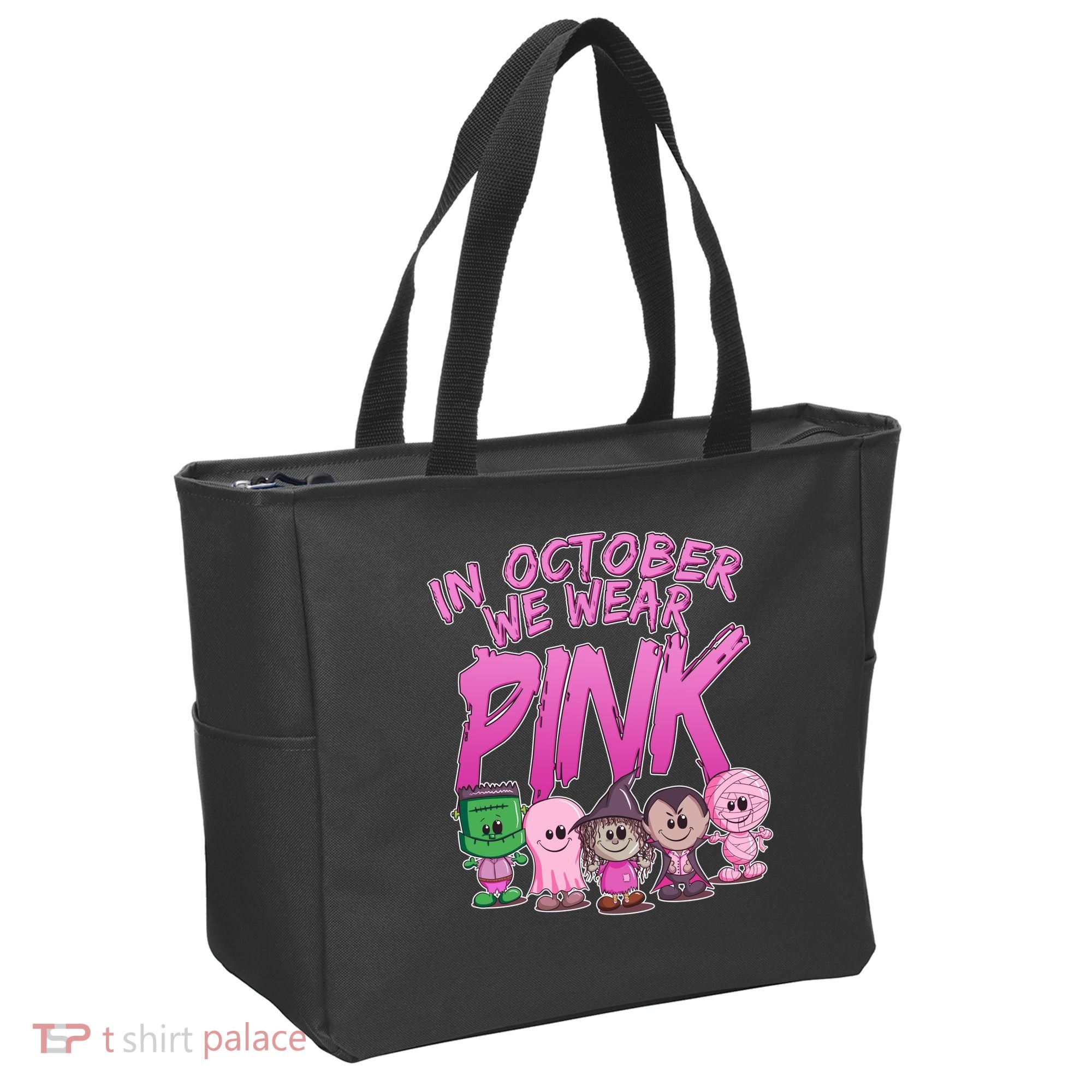 In October We Wear Pink Breast Cancer Halloween Monsters Tote Bag