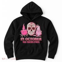 In October We Wear Pink Breast Cancer Halloween Skull Hoodie thumb 0
