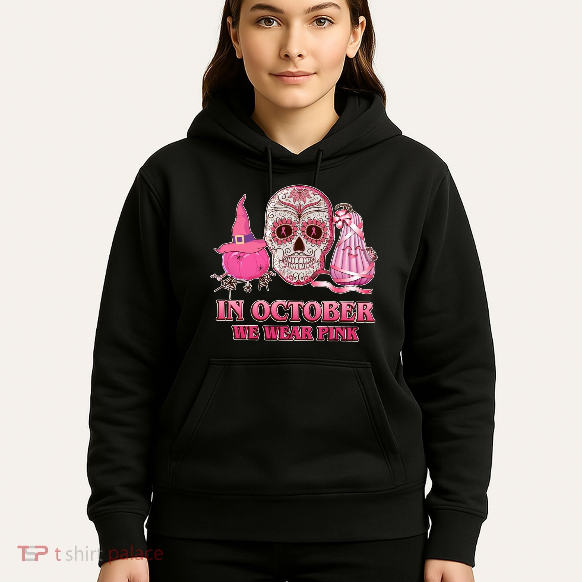 In October We Wear Pink Breast Cancer Halloween Skull Hoodie