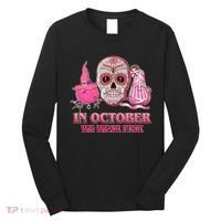 In October We Wear Pink Breast Cancer Halloween Skull Long Sleeve Shirt thumb 0
