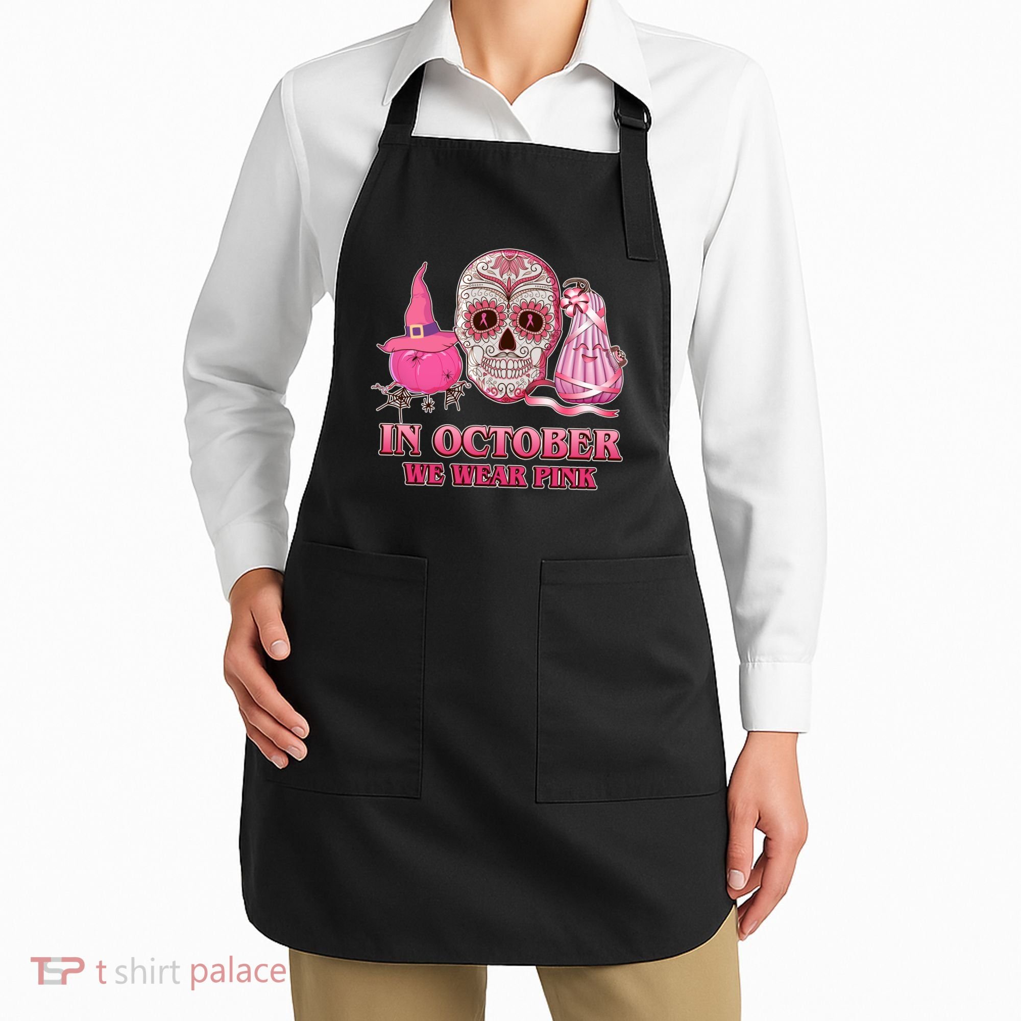 In October We Wear Pink Breast Cancer Halloween Skull Apron