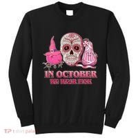 In October We Wear Pink Breast Cancer Halloween Skull Sweatshirt thumb 0