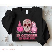 In October We Wear Pink Breast Cancer Halloween Skull Sweatshirt thumb 2