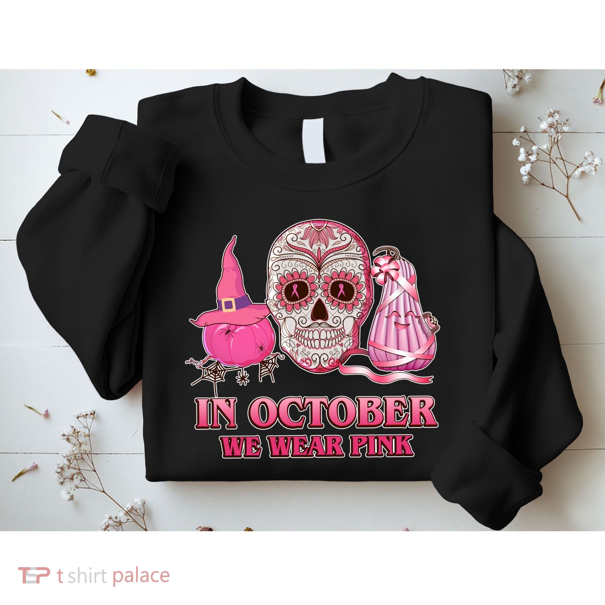 In October We Wear Pink Breast Cancer Halloween Skull Sweatshirt