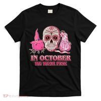 In October We Wear Pink Breast Cancer Halloween Skull T-Shirt thumb 0