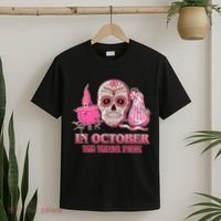 In October We Wear Pink Breast Cancer Halloween Skull T-Shirt thumb 2