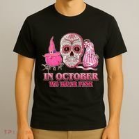 In October We Wear Pink Breast Cancer Halloween Skull T-Shirt thumb 3