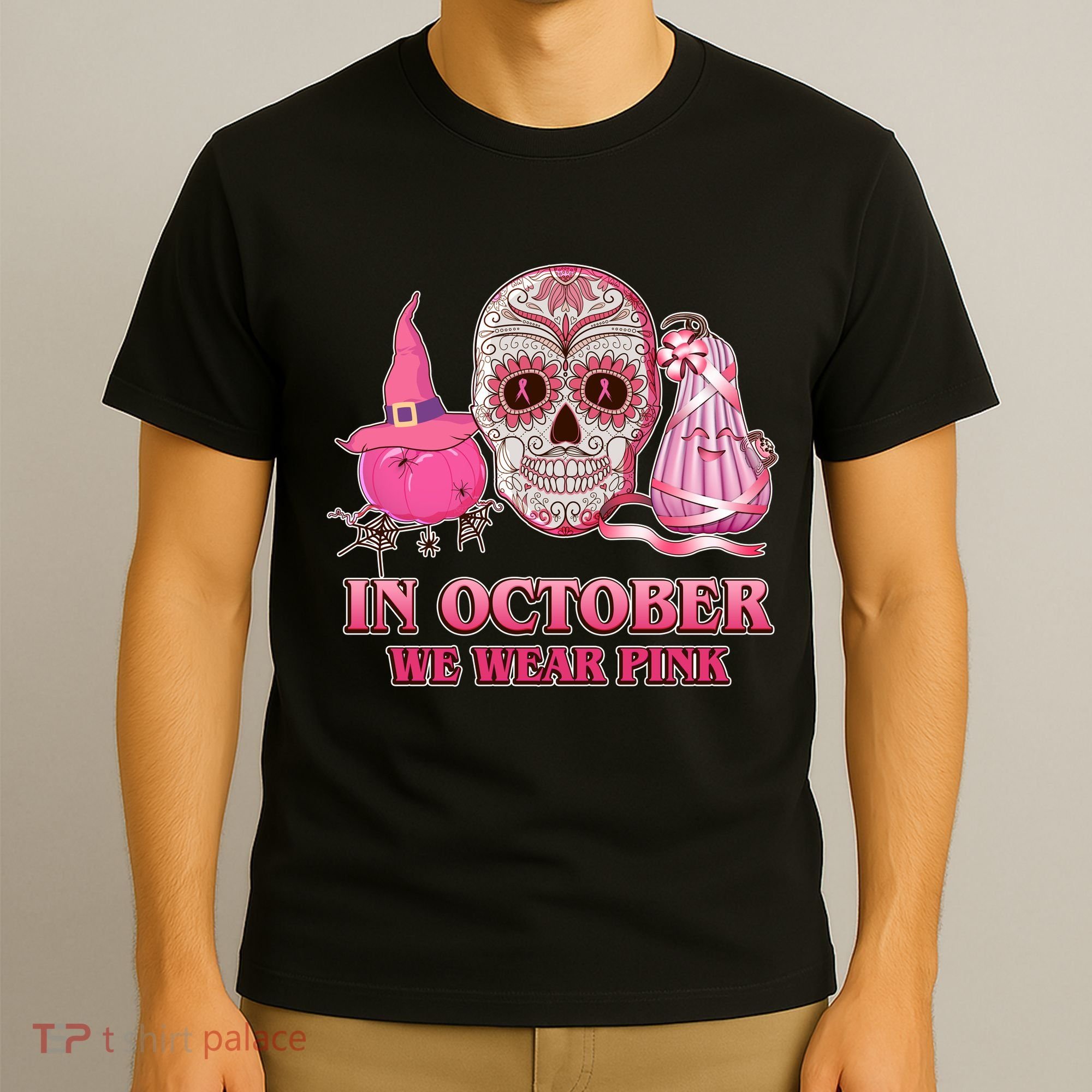 In October We Wear Pink Breast Cancer Halloween Skull T-Shirt