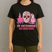 In October We Wear Pink Breast Cancer Halloween Skull T-Shirt thumb 4