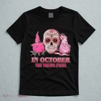 In October We Wear Pink Breast Cancer Halloween Skull T-Shirt thumb 5