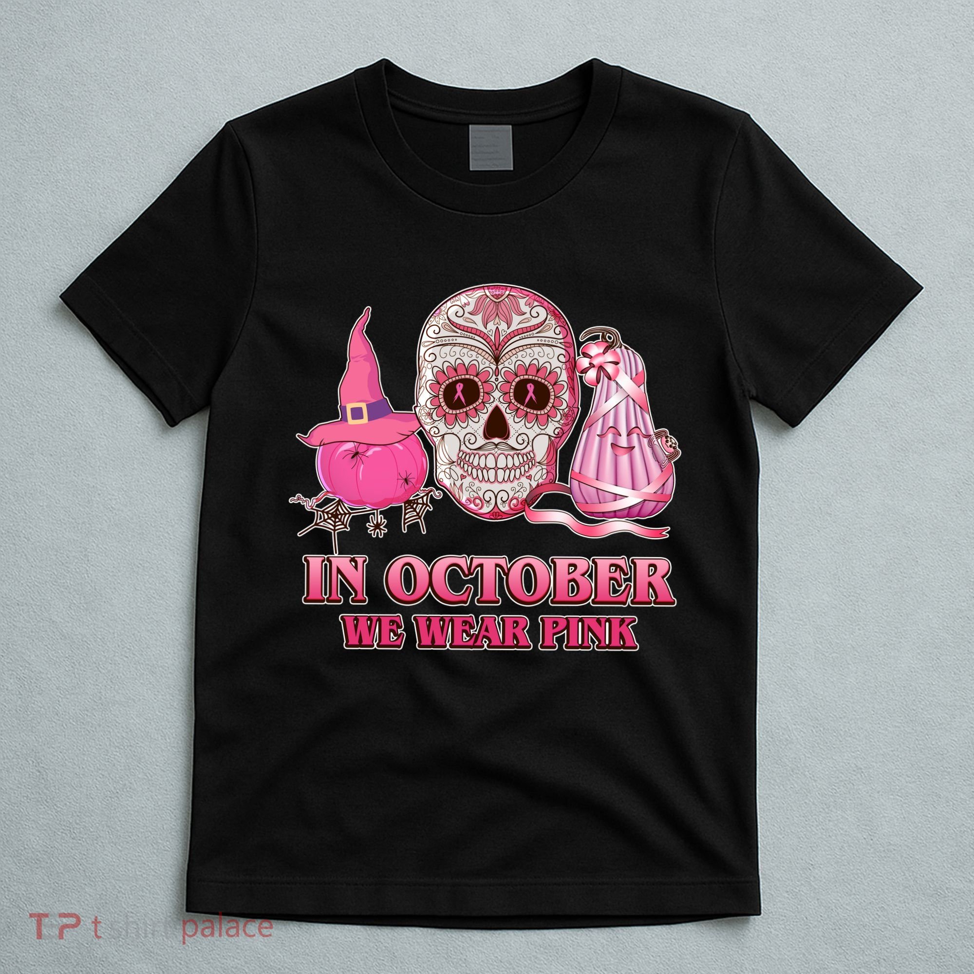 In October We Wear Pink Breast Cancer Halloween Skull T-Shirt