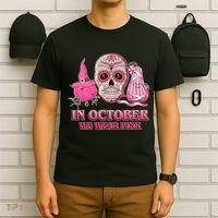 In October We Wear Pink Breast Cancer Halloween Skull T-Shirt thumb 6