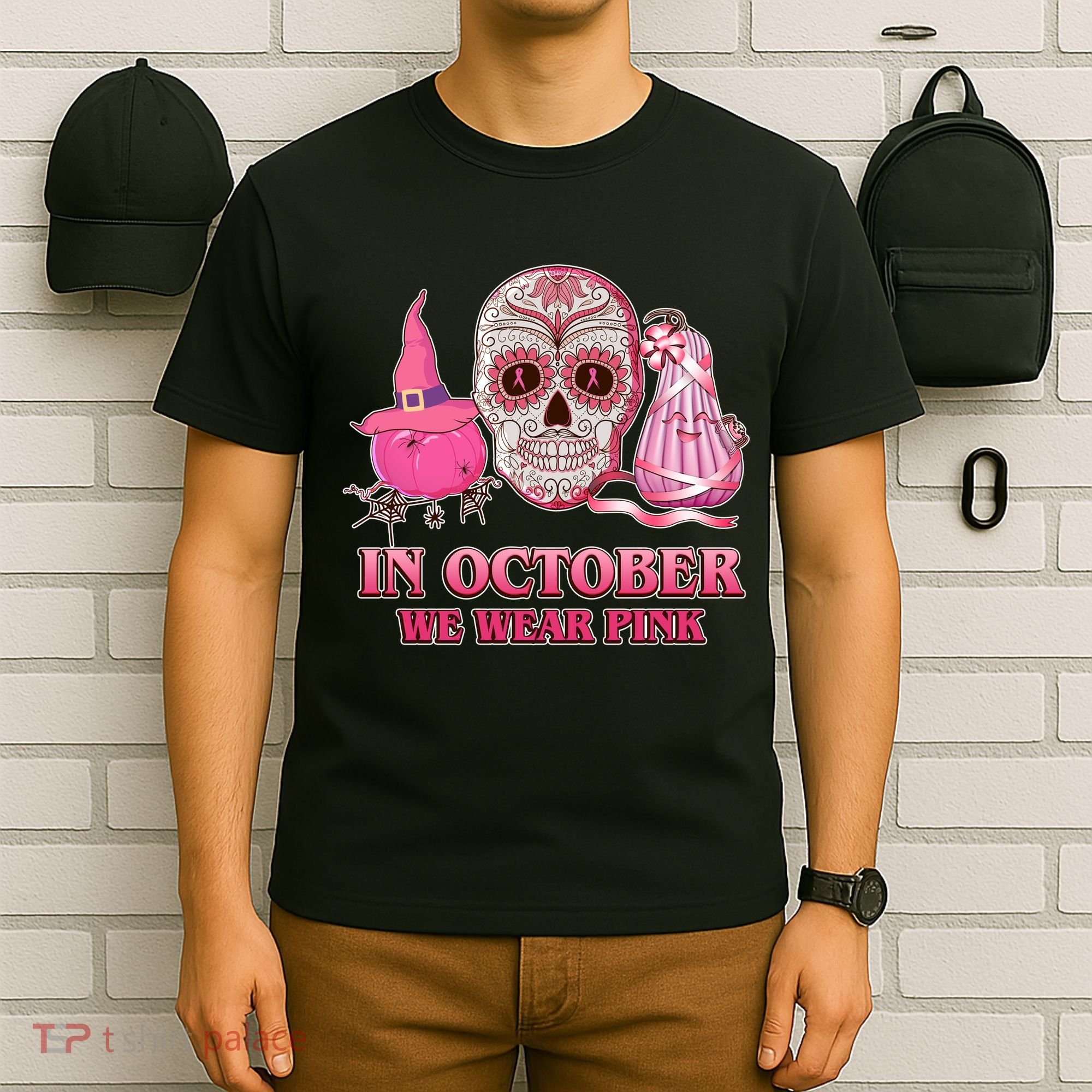 In October We Wear Pink Breast Cancer Halloween Skull T-Shirt