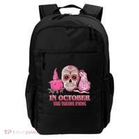 In October We Wear Pink Breast Cancer Halloween Skull Backpack thumb 0