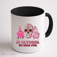 In October We Wear Pink Breast Cancer Halloween Skull Coffee Mug thumb 1