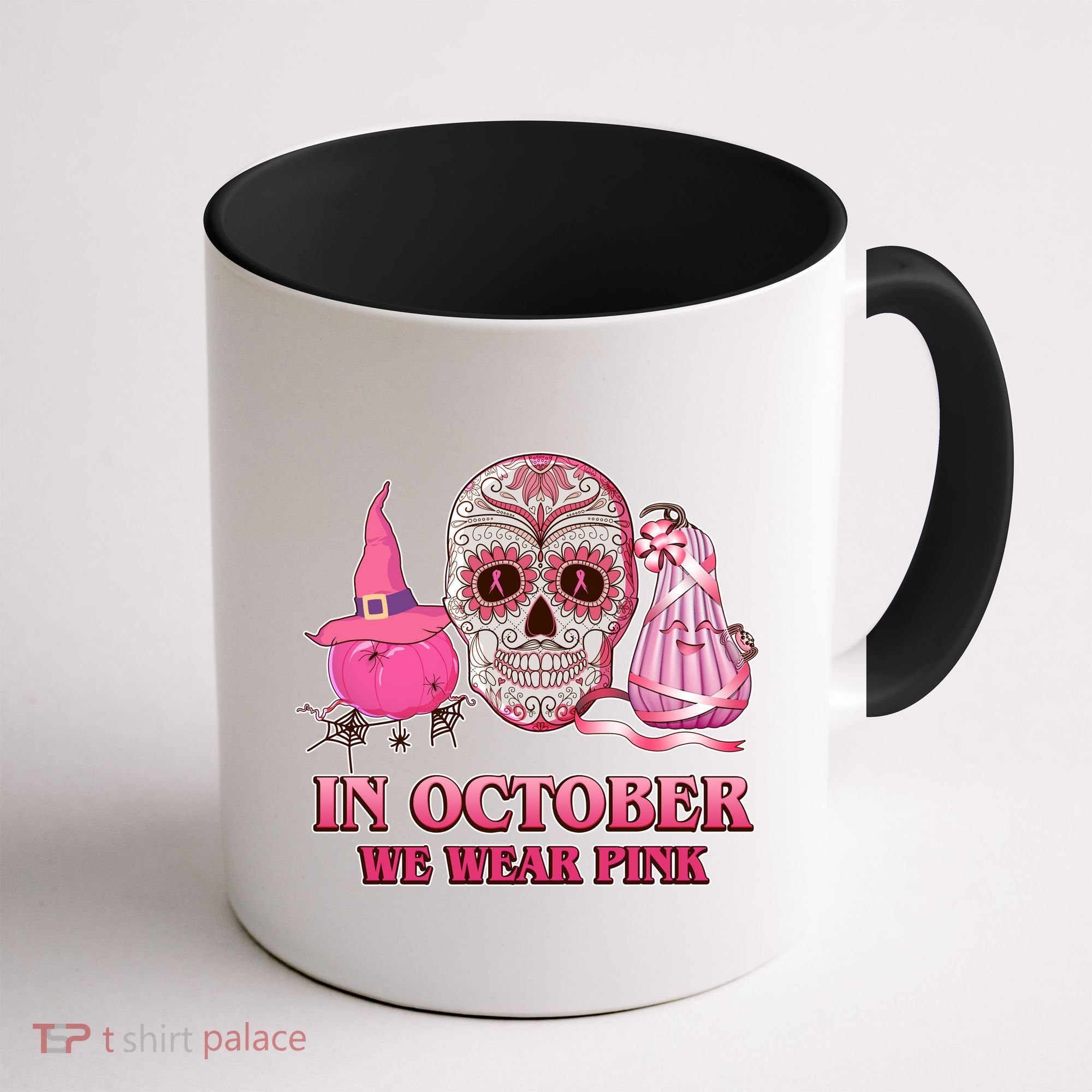 In October We Wear Pink Breast Cancer Halloween Skull Coffee Mug