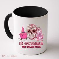 In October We Wear Pink Breast Cancer Halloween Skull Coffee Mug thumb 0