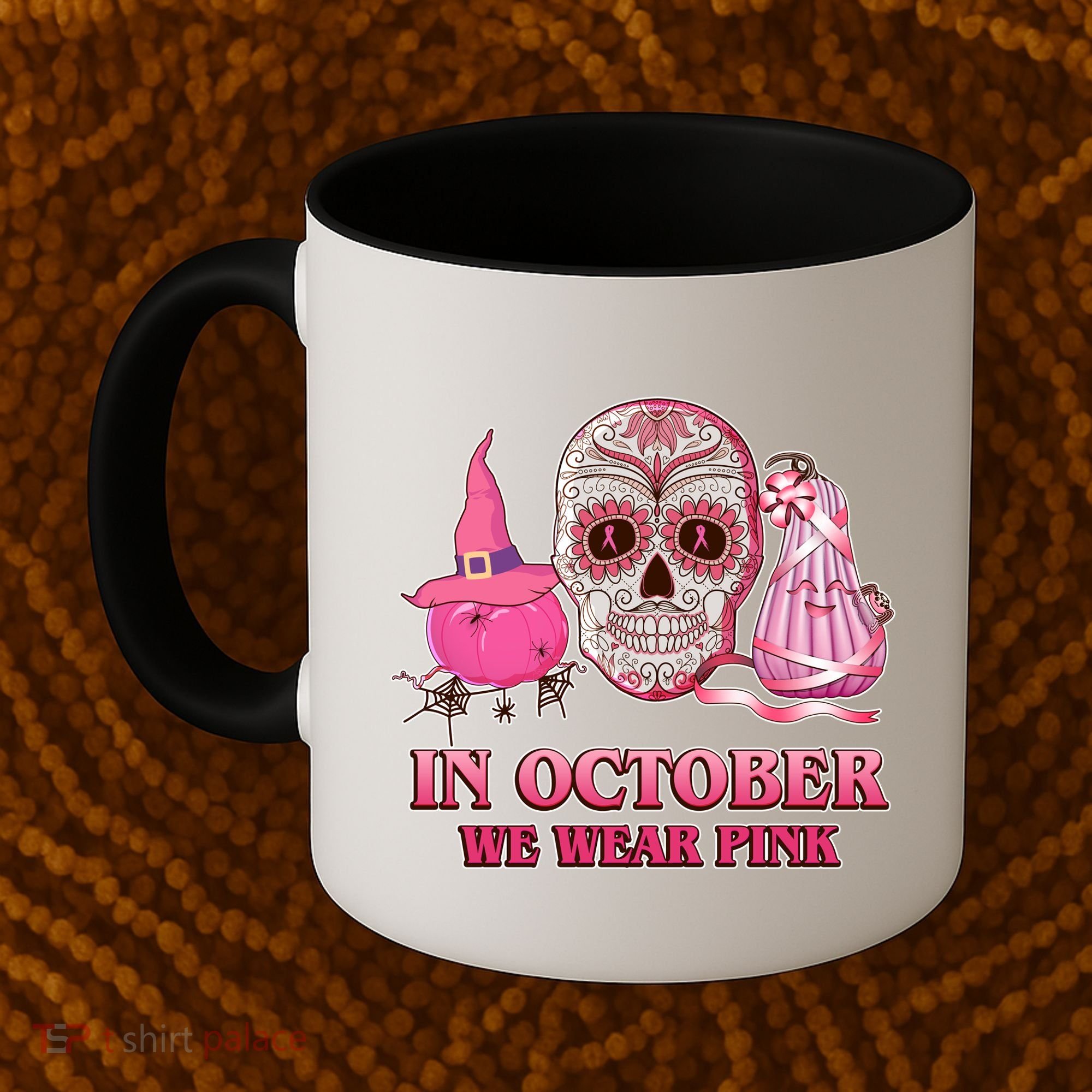 In October We Wear Pink Breast Cancer Halloween Skull Coffee Mug
