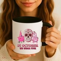 In October We Wear Pink Breast Cancer Halloween Skull Coffee Mug thumb 3