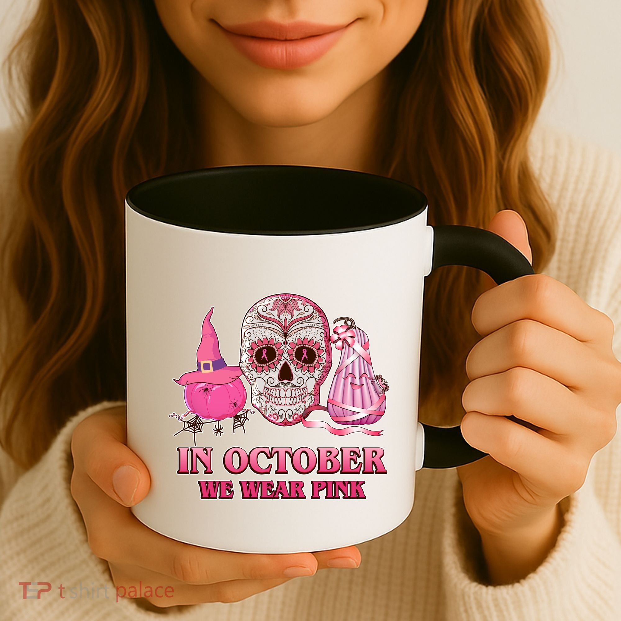 In October We Wear Pink Breast Cancer Halloween Skull Coffee Mug