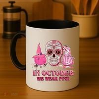 In October We Wear Pink Breast Cancer Halloween Skull Coffee Mug thumb 4