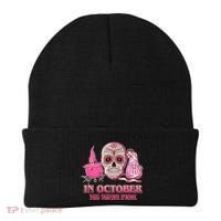 In October We Wear Pink Breast Cancer Halloween Skull Beanie thumb 0