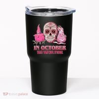 In October We Wear Pink Breast Cancer Halloween Skull Tumbler thumb 0
