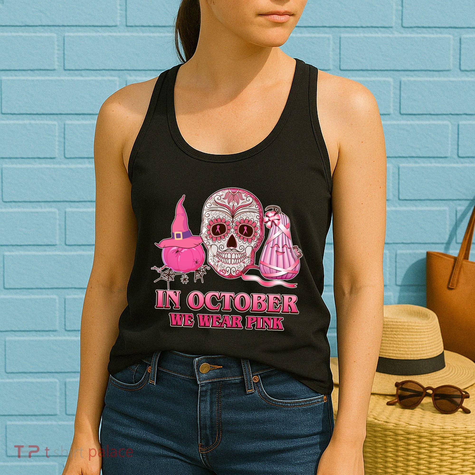 In October We Wear Pink Breast Cancer Halloween Skull Women's Tank Top