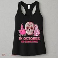 In October We Wear Pink Breast Cancer Halloween Skull Women's Tank Top thumb 3