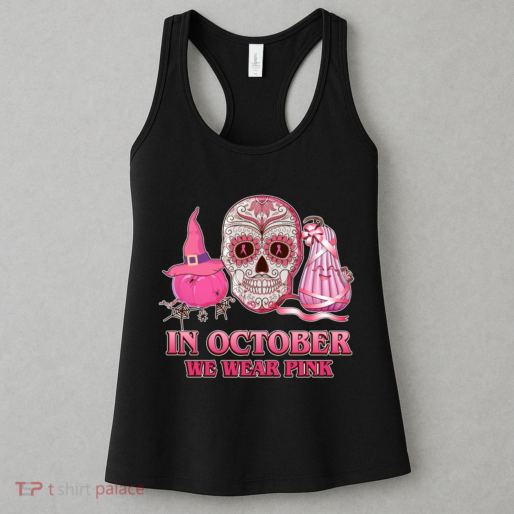 In October We Wear Pink Breast Cancer Halloween Skull Women's Tank Top