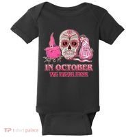In October We Wear Pink Breast Cancer Halloween Skull Baby Bodysuit thumb 0