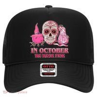 In October We Wear Pink Breast Cancer Halloween Skull Hat thumb 0