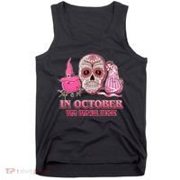 In October We Wear Pink Breast Cancer Halloween Skull Tank Top thumb 0