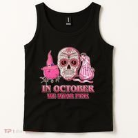 In October We Wear Pink Breast Cancer Halloween Skull Tank Top thumb 2