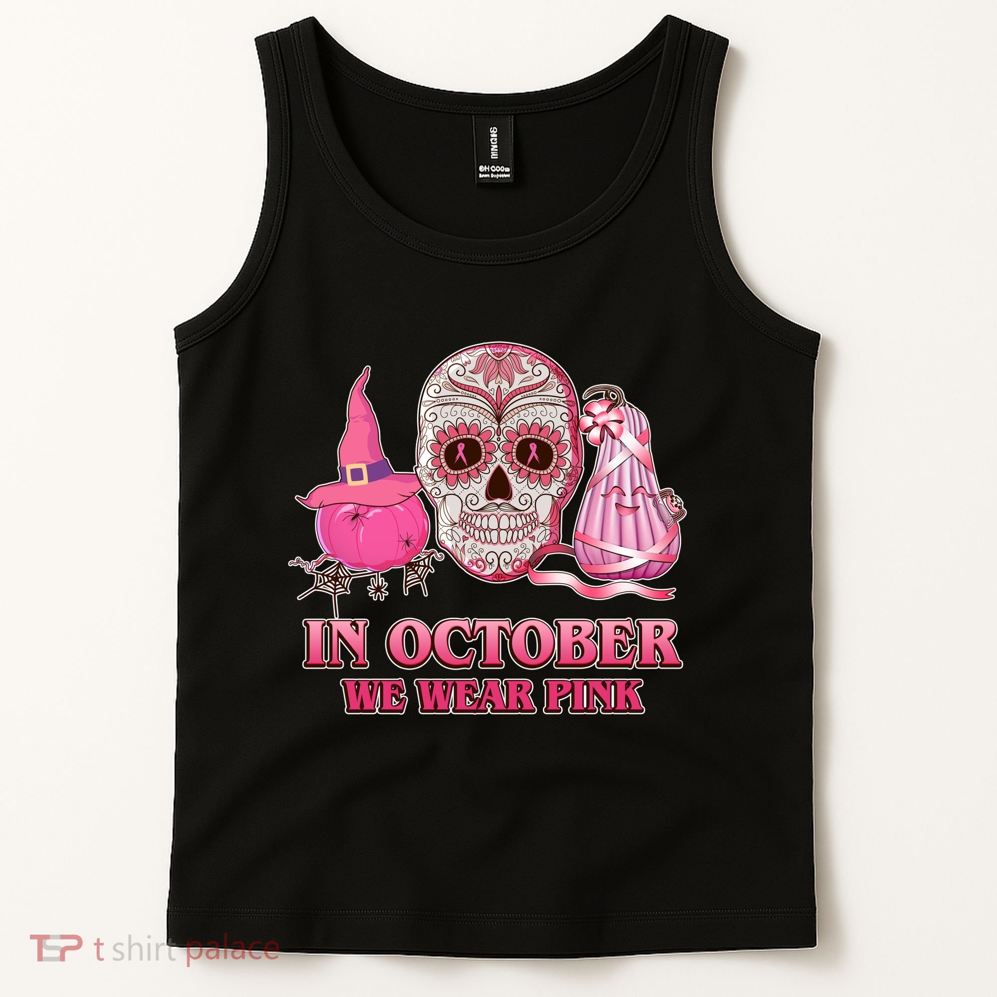 In October We Wear Pink Breast Cancer Halloween Skull Tank Top