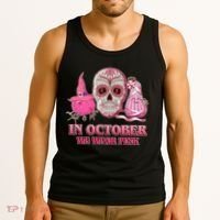 In October We Wear Pink Breast Cancer Halloween Skull Tank Top thumb 3