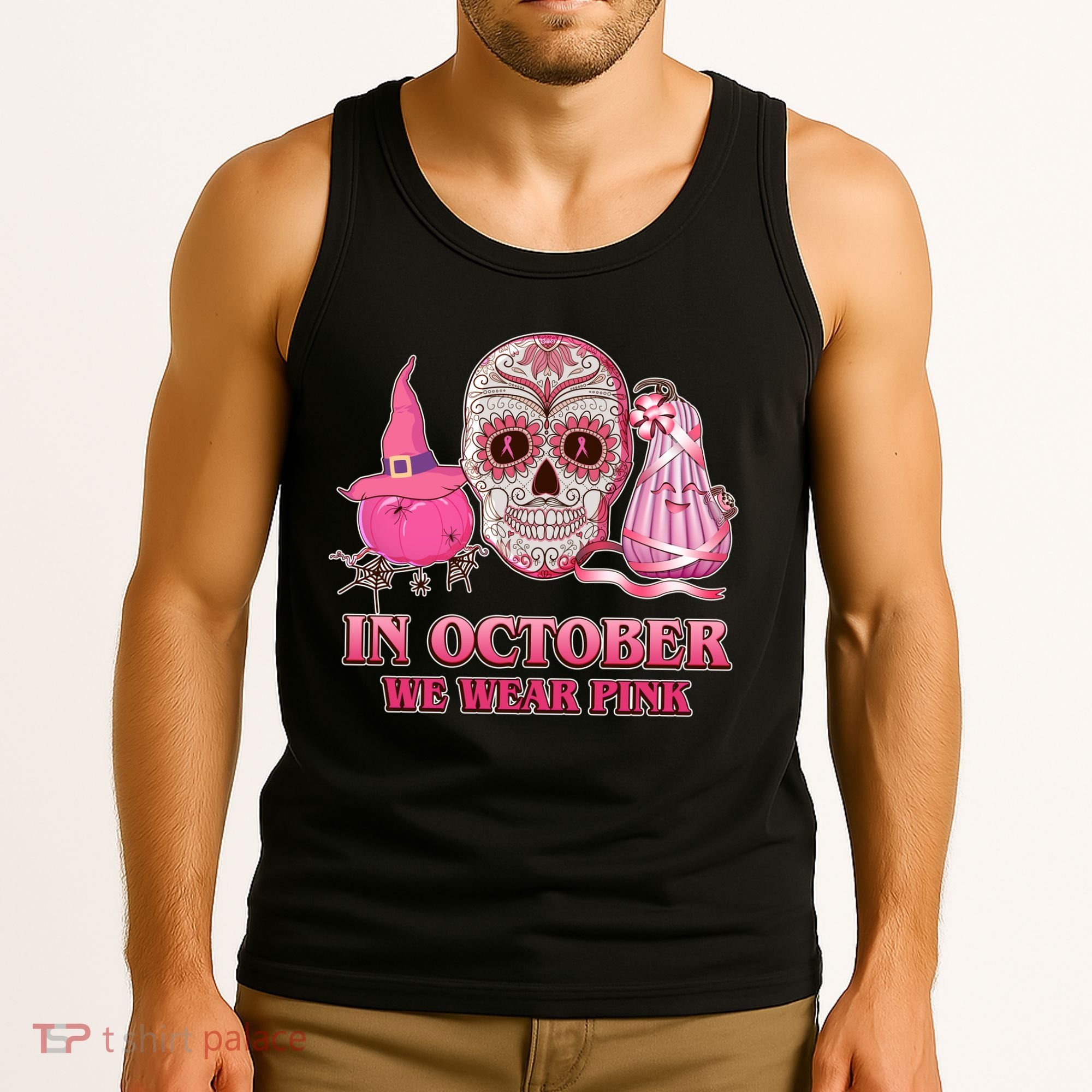 In October We Wear Pink Breast Cancer Halloween Skull Tank Top