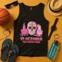 In October We Wear Pink Breast Cancer Halloween Skull Tank Top thumb 4